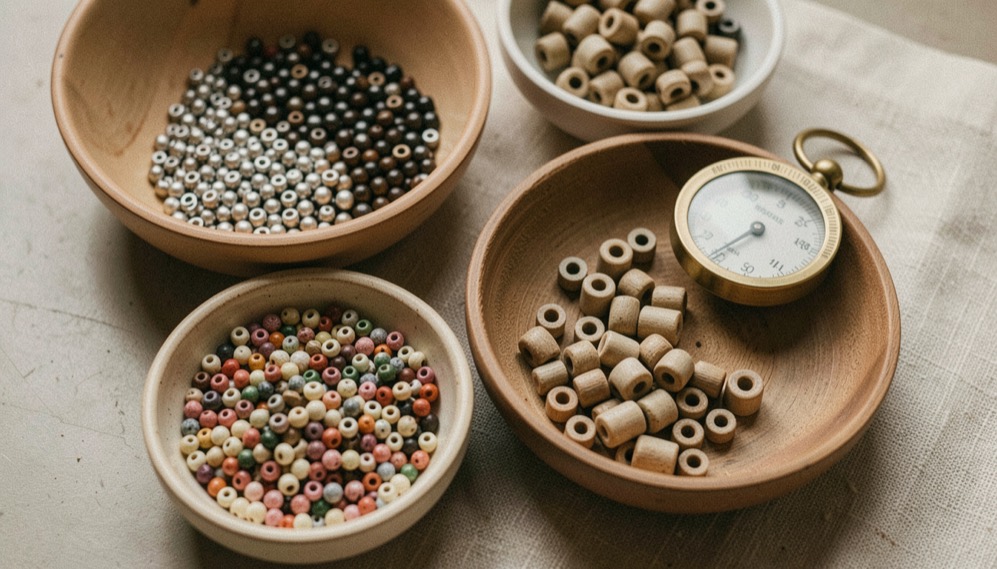 Choose & Compare materials arranged on a beadwork bench